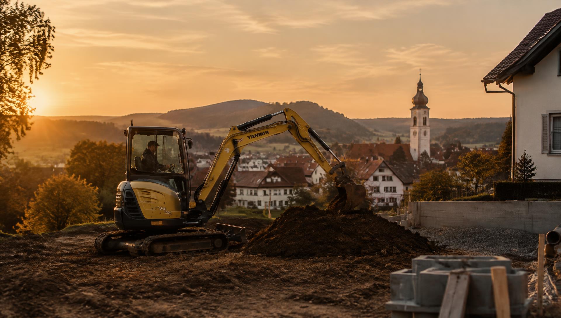 Minibagger auf einer Baustelle in der Region Niederstetten
